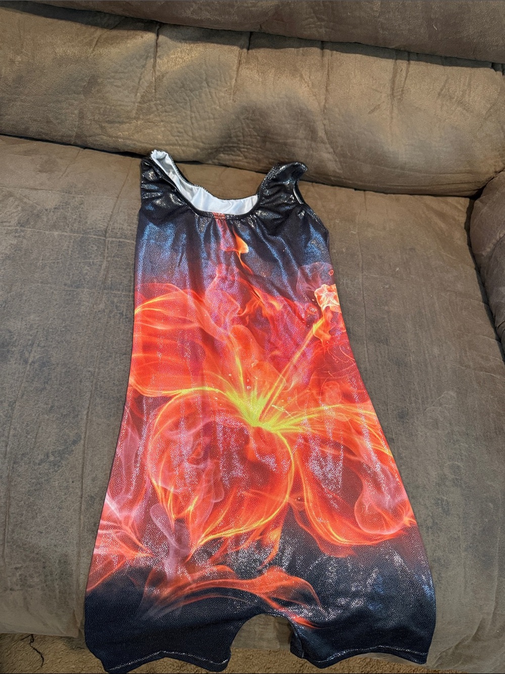 Flame Print Gymnastics Leotard - Red Orange